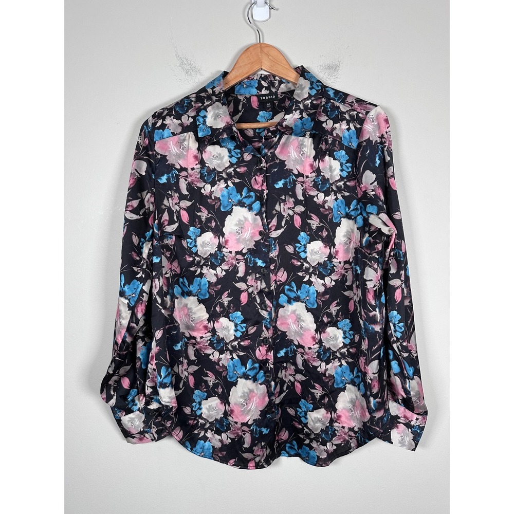 Torrid Floral Button Down Blouse Womens 00/M Black Blue Pink Dark Romance